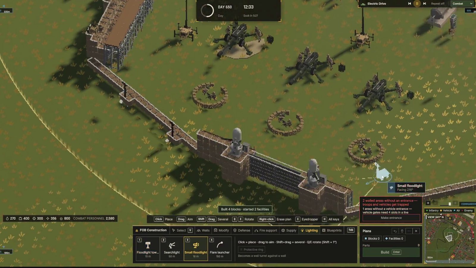 Official Ebbtide screenshot: FOB construction mode, with wall layout warnings and the build palette
