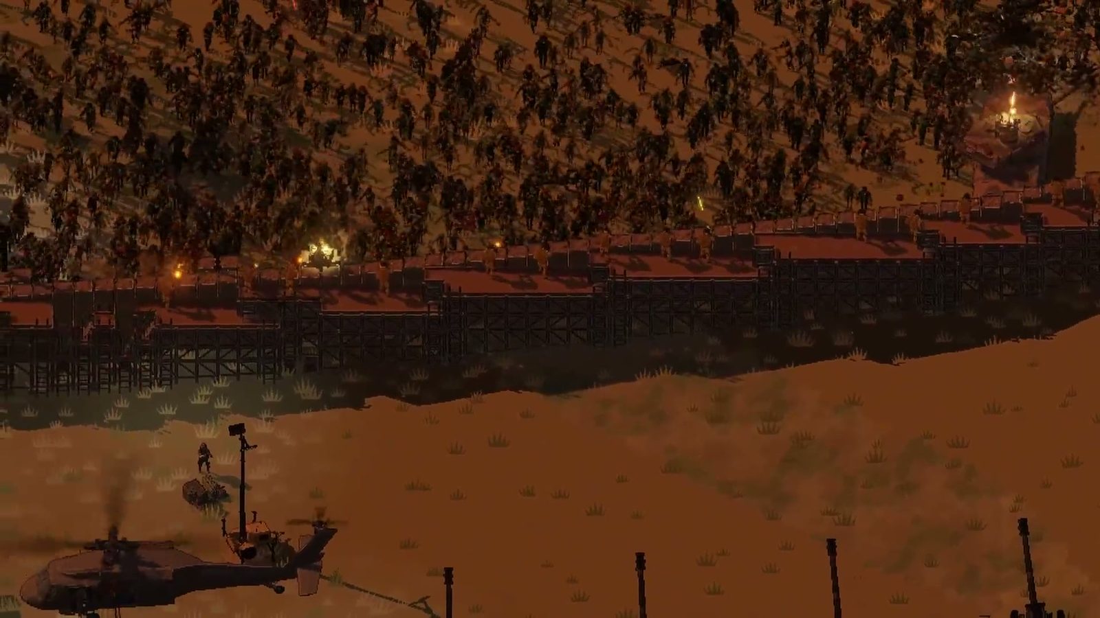 Official Ebbtide trailer frame: a fortified position on high ground with a helicopter overhead