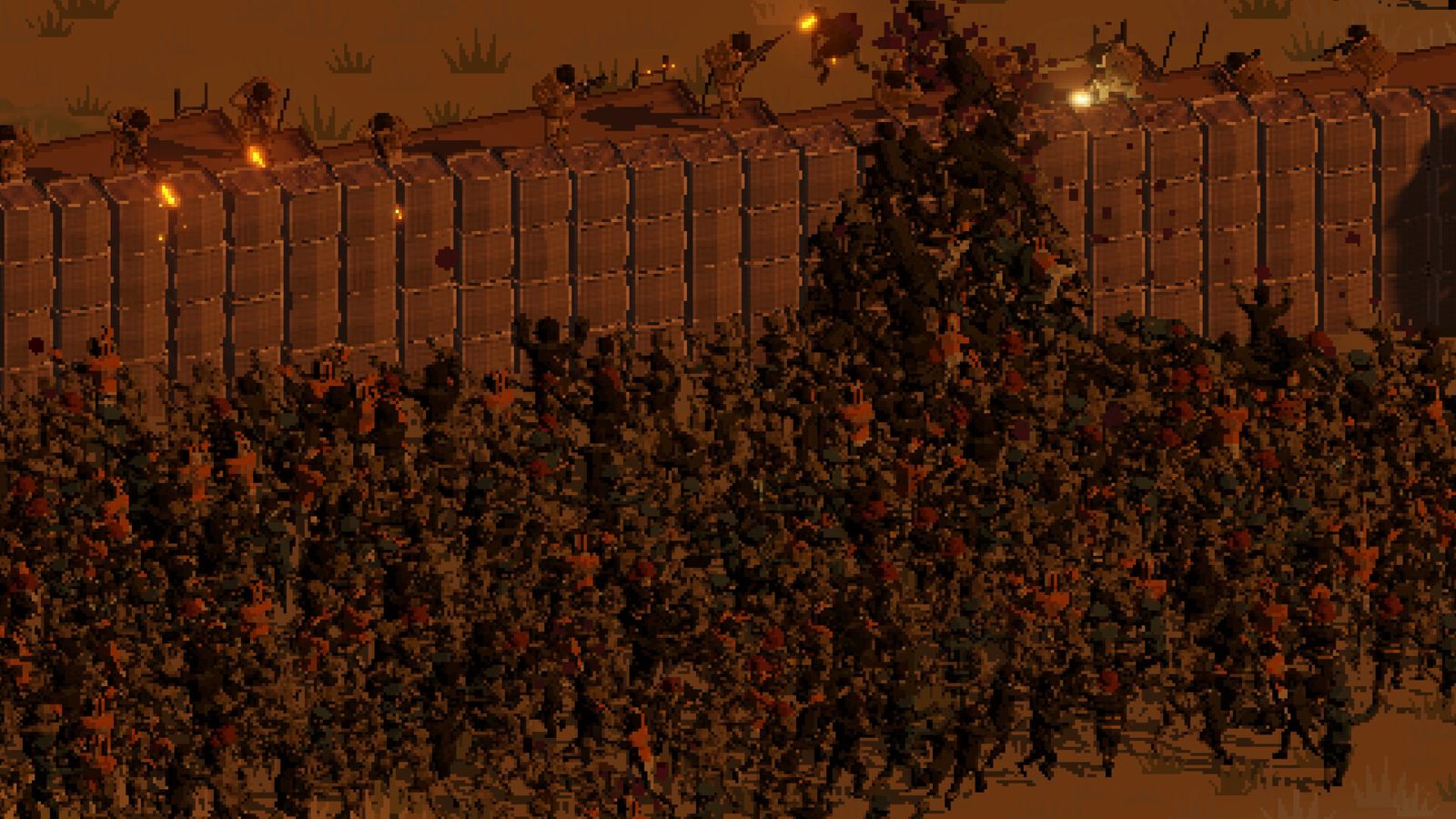 Official Ebbtide screenshot: a mass of pixel zombies closing on a defensive line