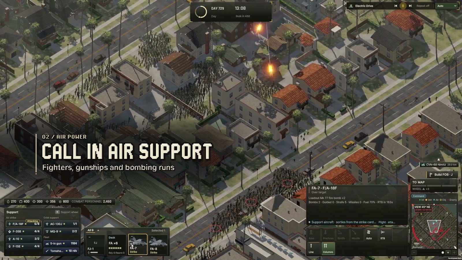 Official Ebbtide trailer frame: an aircraft putting a missile into a massed horde on a city street, captioned 02 / AIR POWER — CALL IN AIR SUPPORT