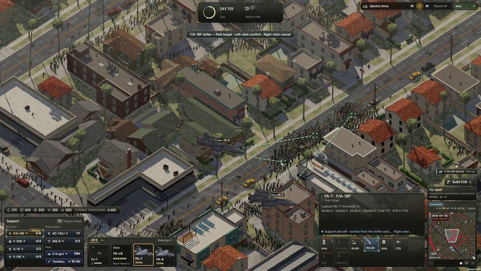 Official Ebbtide screenshot: air-strike targeting UI over a Los Angeles street