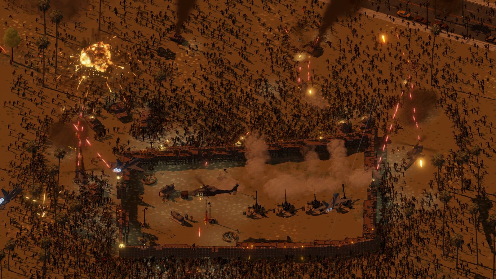 Official Ebbtide screenshot: a fortified position in the basin with armour and infantry under fire