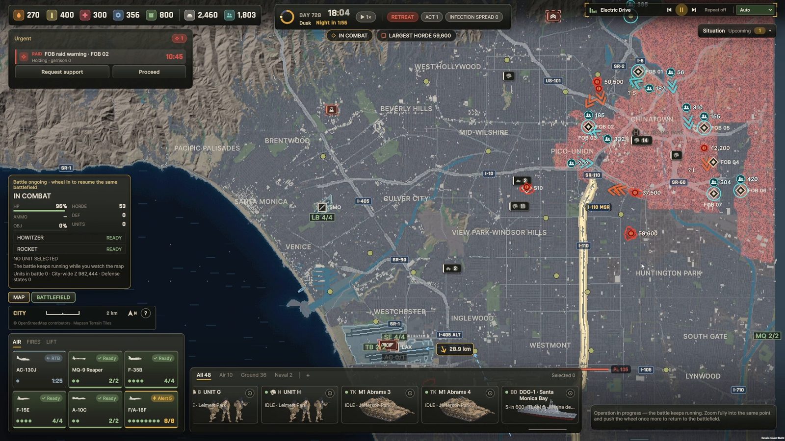 Official Ebbtide screenshot: the Los Angeles operations map with district labels, in-combat readouts and support status