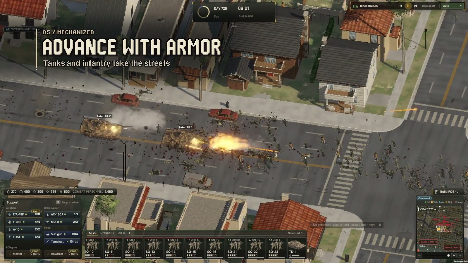 Official Ebbtide trailer frame: tanks and infantry pushing a residential street, captioned ADVANCE WITH ARMOR