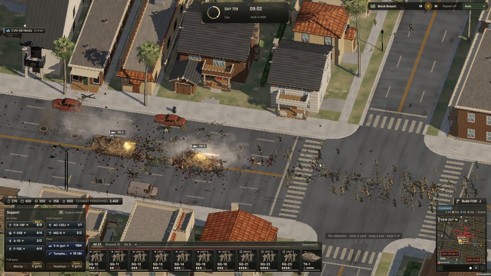 Official Ebbtide screenshot: infantry moving up a suburban Los Angeles street, support roster and minimap in frame