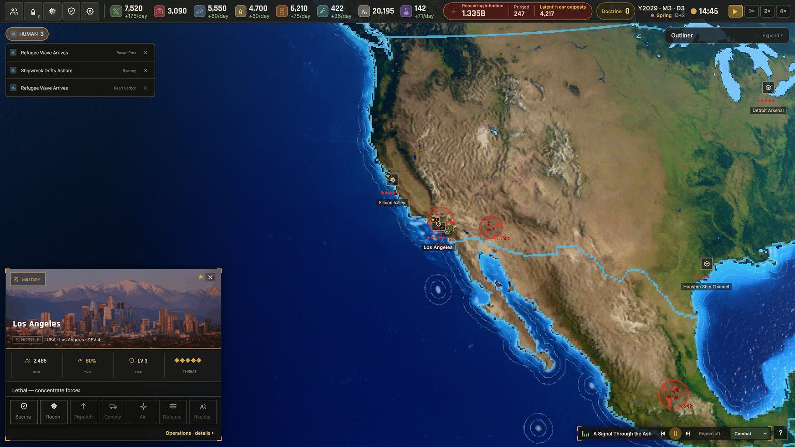Official Ebbtide screenshot: the world operations map, with Los Angeles marked hostile