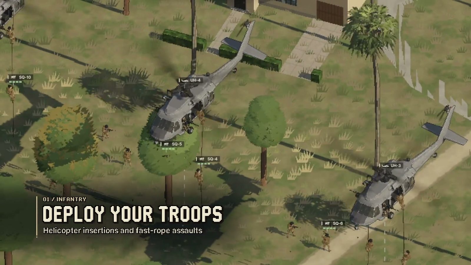 Official Ebbtide trailer frame: troops fast-roping from hovering helicopters, captioned 01 / INFANTRY — DEPLOY YOUR TROOPS