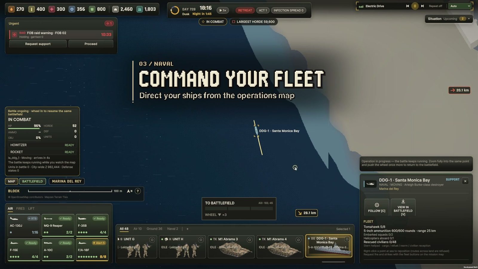 Official Ebbtide trailer frame: the fleet view with a destroyer in Santa Monica Bay and a horde-size readout