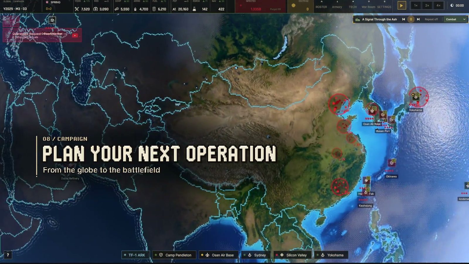Official Ebbtide trailer frame: the world operations map with the caption PLAN YOUR NEXT OPERATION